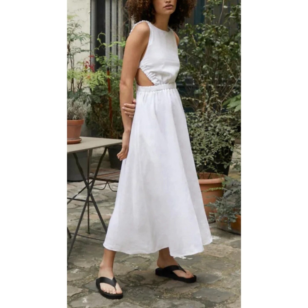 Pixie Market White Linen Dress Beatrice Elastic Waist Band Lined Open Back Sz S